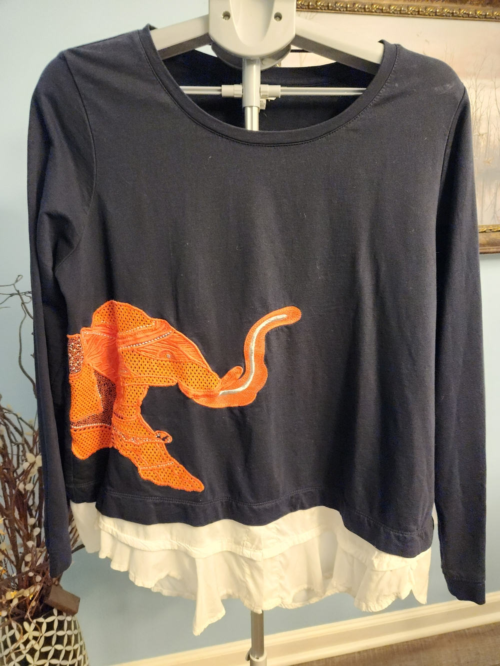 crown & ivy Navy Long-Sleeve Top with Orange Elephant Appliqué